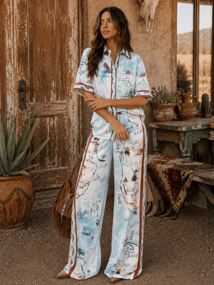 WOMEN'S SHORT SLEEVE BUTTON UP BLOUSE & ELASTIC WAIST WIDE LEG PANTS MULTI PRINT 2PC. SET