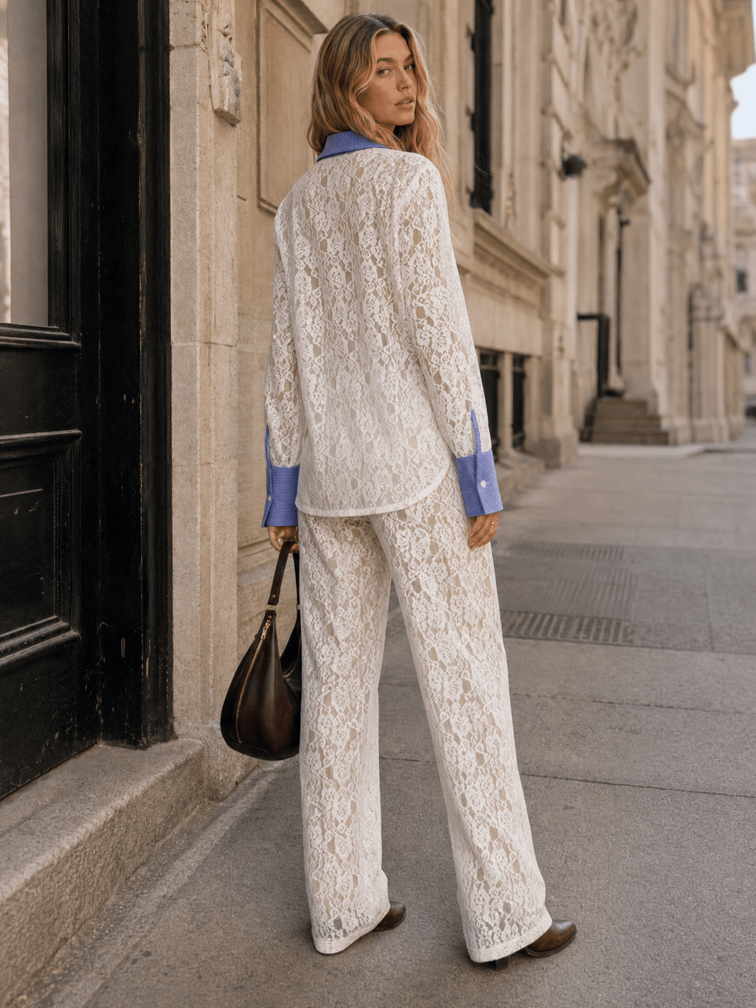 WOMEN'S LONG SLEEVE BLOUSE & ELASTIC WAIST WIDE LEG PANTS LACE 2PC. SET