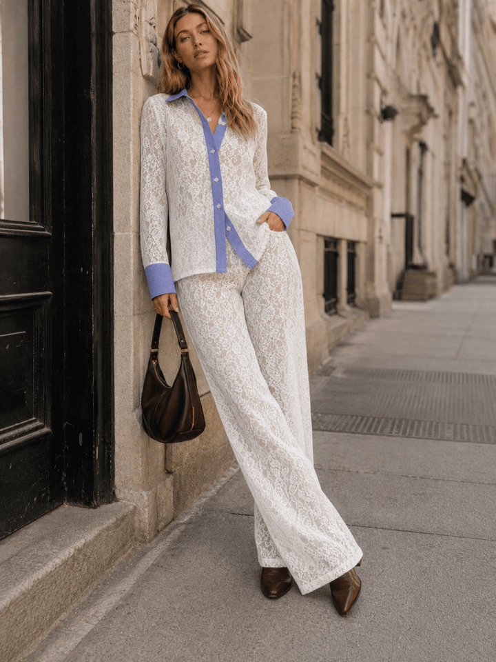 WOMEN'S LONG SLEEVE BLOUSE & ELASTIC WAIST WIDE LEG PANTS LACE 2PC. SET