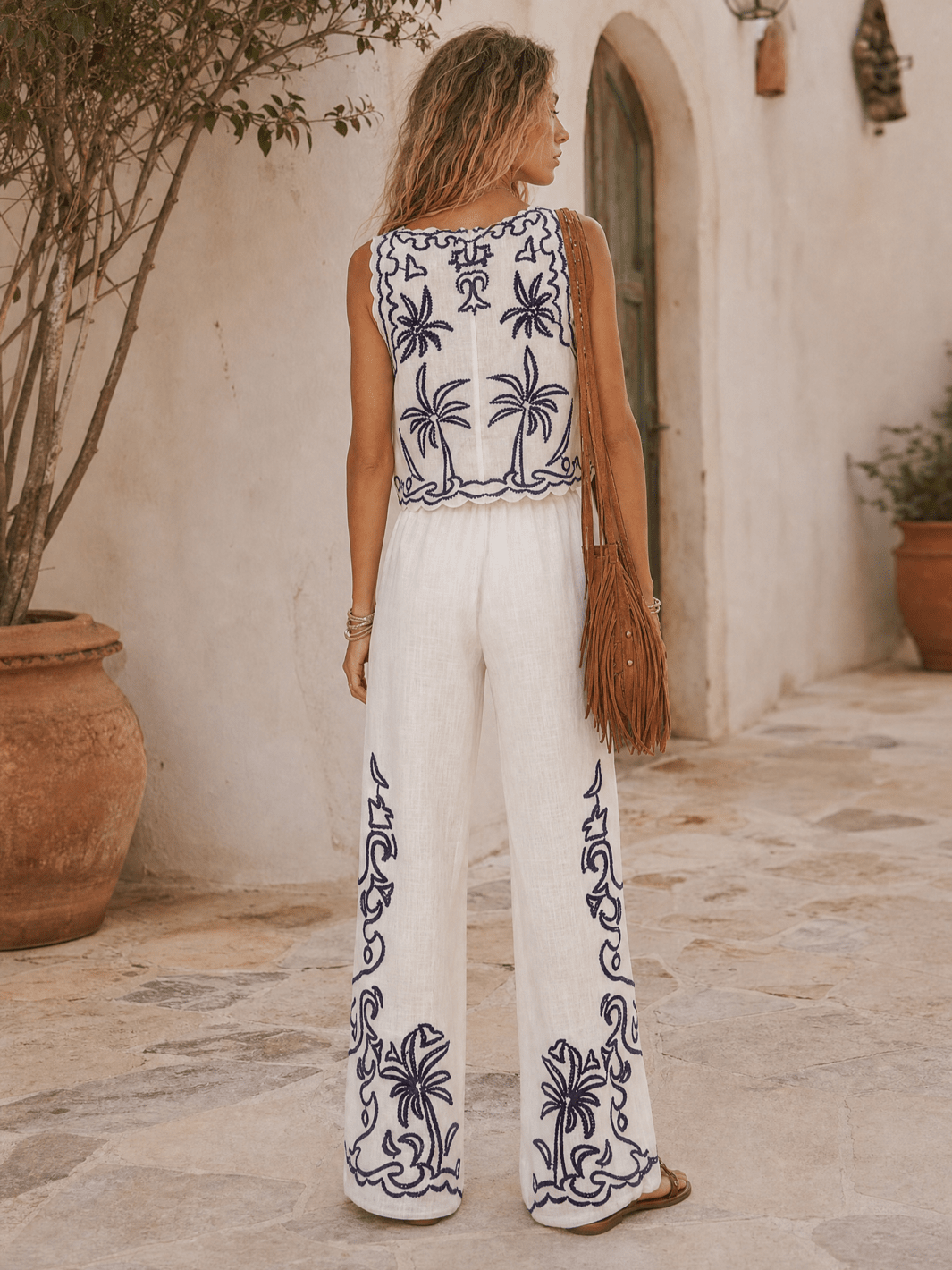 WOMEN'S SLEEVELESS TOP & ELASTIC WAIST WIDE LEG PANTS PRINTED 2PC. SET