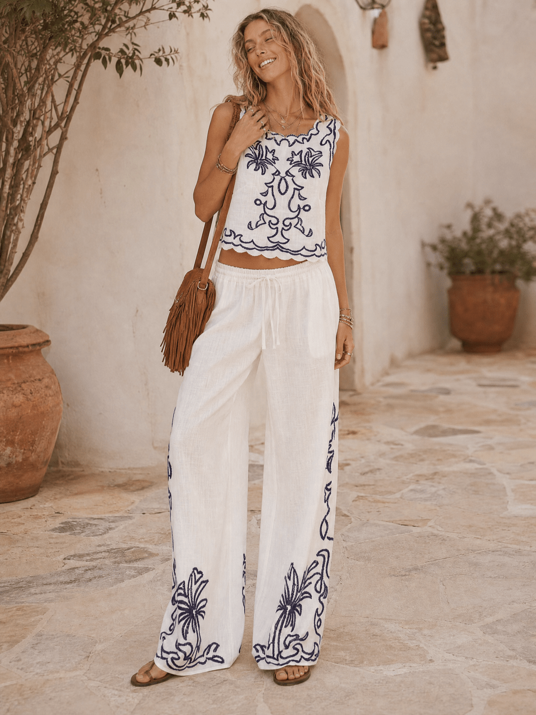 WOMEN'S SLEEVELESS TOP & ELASTIC WAIST WIDE LEG PANTS PRINTED 2PC. SET