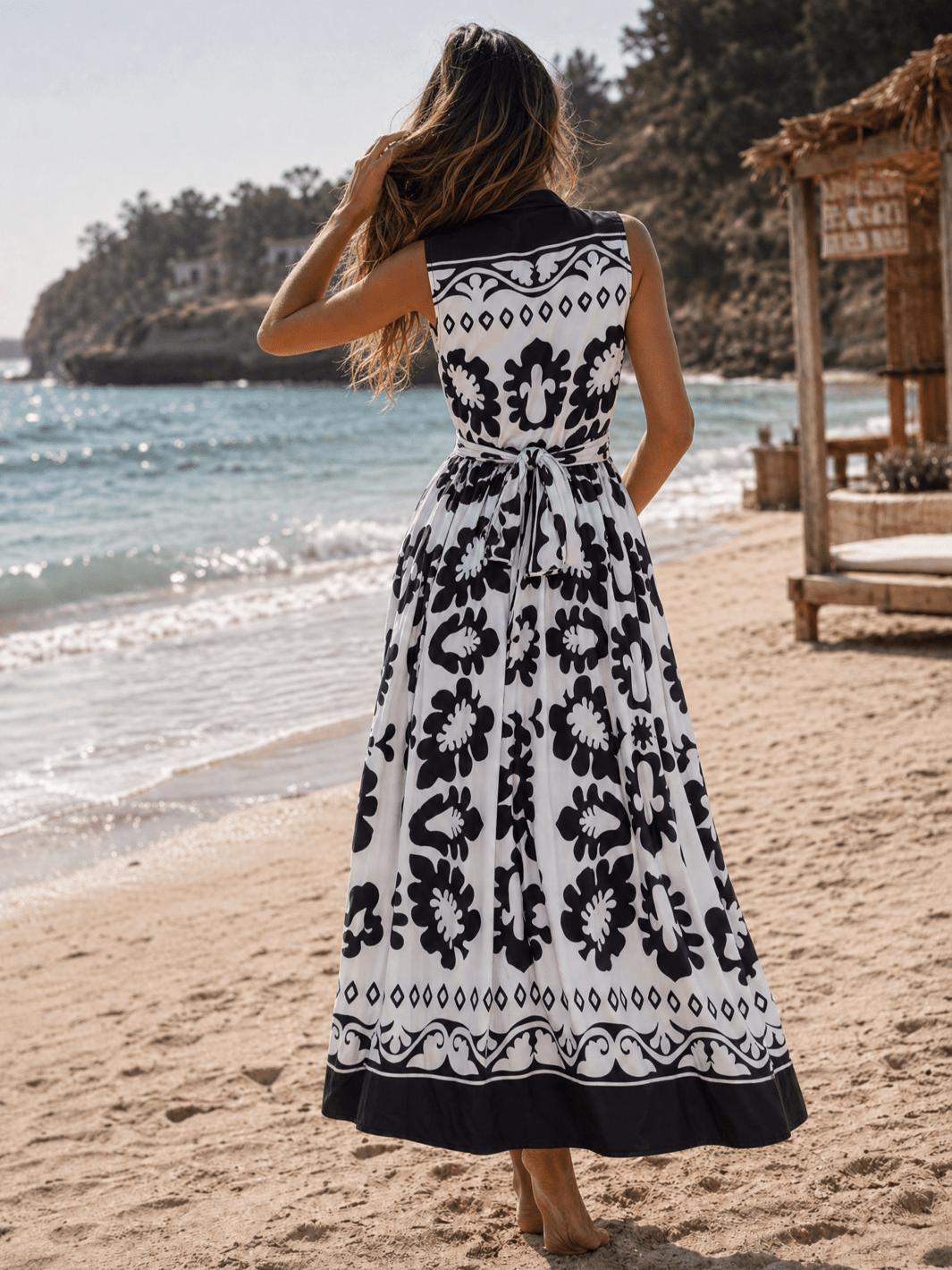 WOMEN'S SLEEVELESS BUTTON UP ELASTIC WAIST SELF TIE MULTI PRINT MAXI DRESS