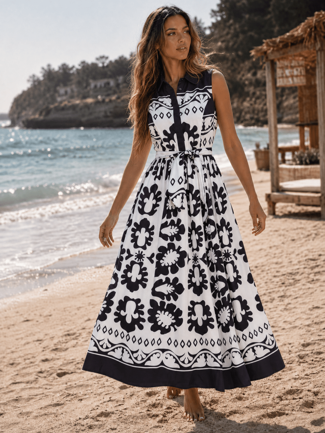 WOMEN'S SLEEVELESS BUTTON UP ELASTIC WAIST SELF TIE MULTI PRINT MAXI DRESS
