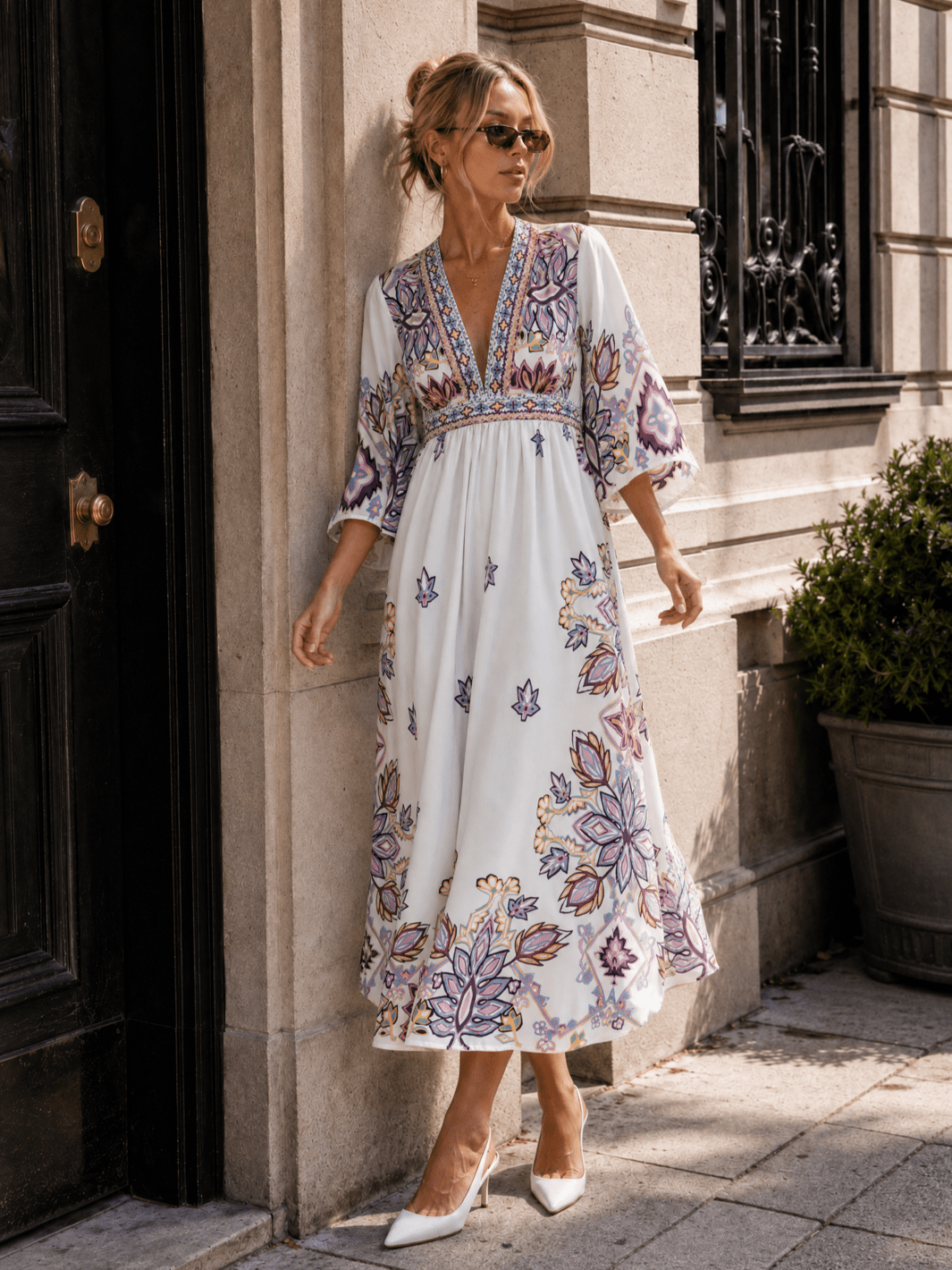 WOMEN'S SHORT SLEEVE V-NECK MULTI PRINT MAXI DRESS