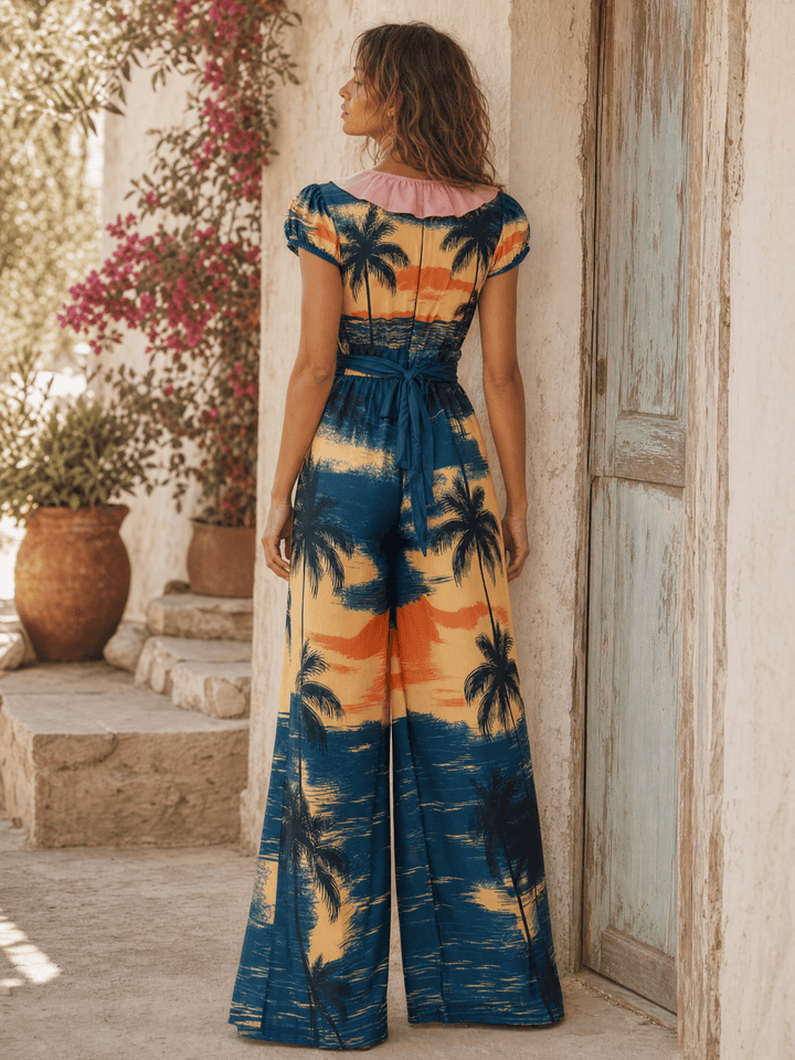 WOMEN'S SHORT SLEEVE V-NECK SELF TIE ELASTIC WAIST WIDE LEG MULTI PRINT JUMPSUIT