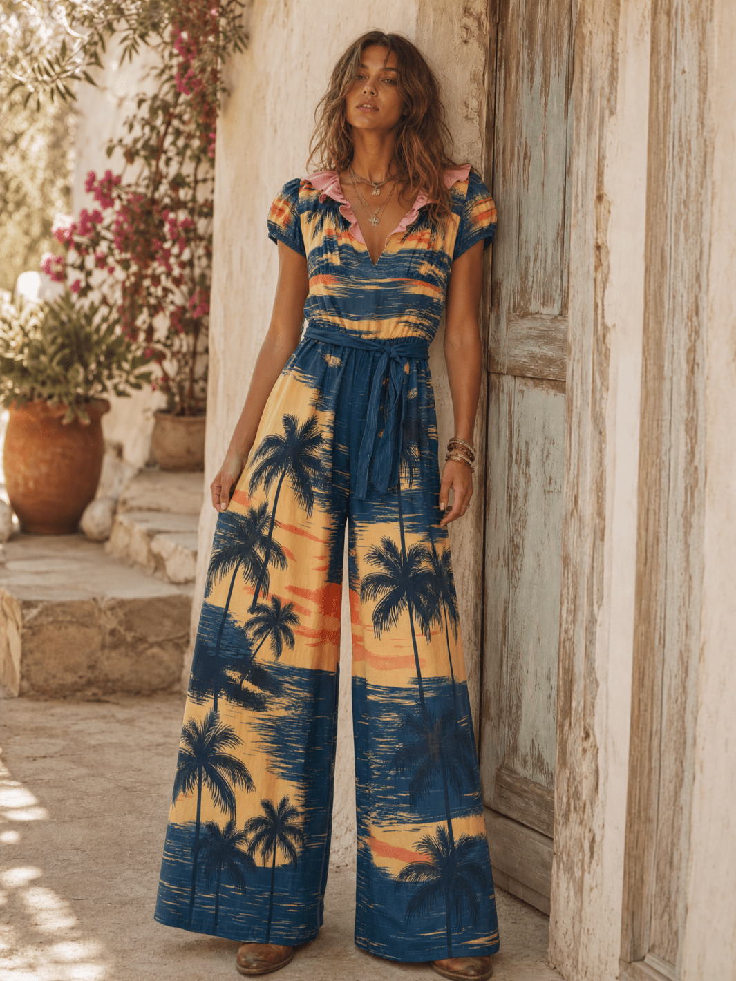 WOMEN'S SHORT SLEEVE V-NECK SELF TIE ELASTIC WAIST WIDE LEG MULTI PRINT JUMPSUIT