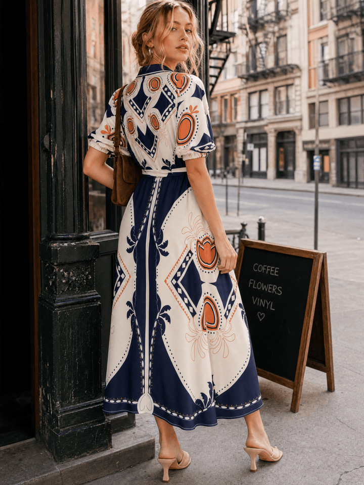 WOMEN'S SHORT SLEEVE BUTTON FRONT POCKETS MULTI PRINT MAXI DRESS