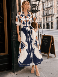 WOMEN'S SHORT SLEEVE BUTTON FRONT POCKETS MULTI PRINT MAXI DRESS