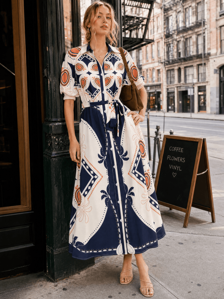 WOMEN'S SHORT SLEEVE BUTTON FRONT POCKETS MULTI PRINT MAXI DRESS