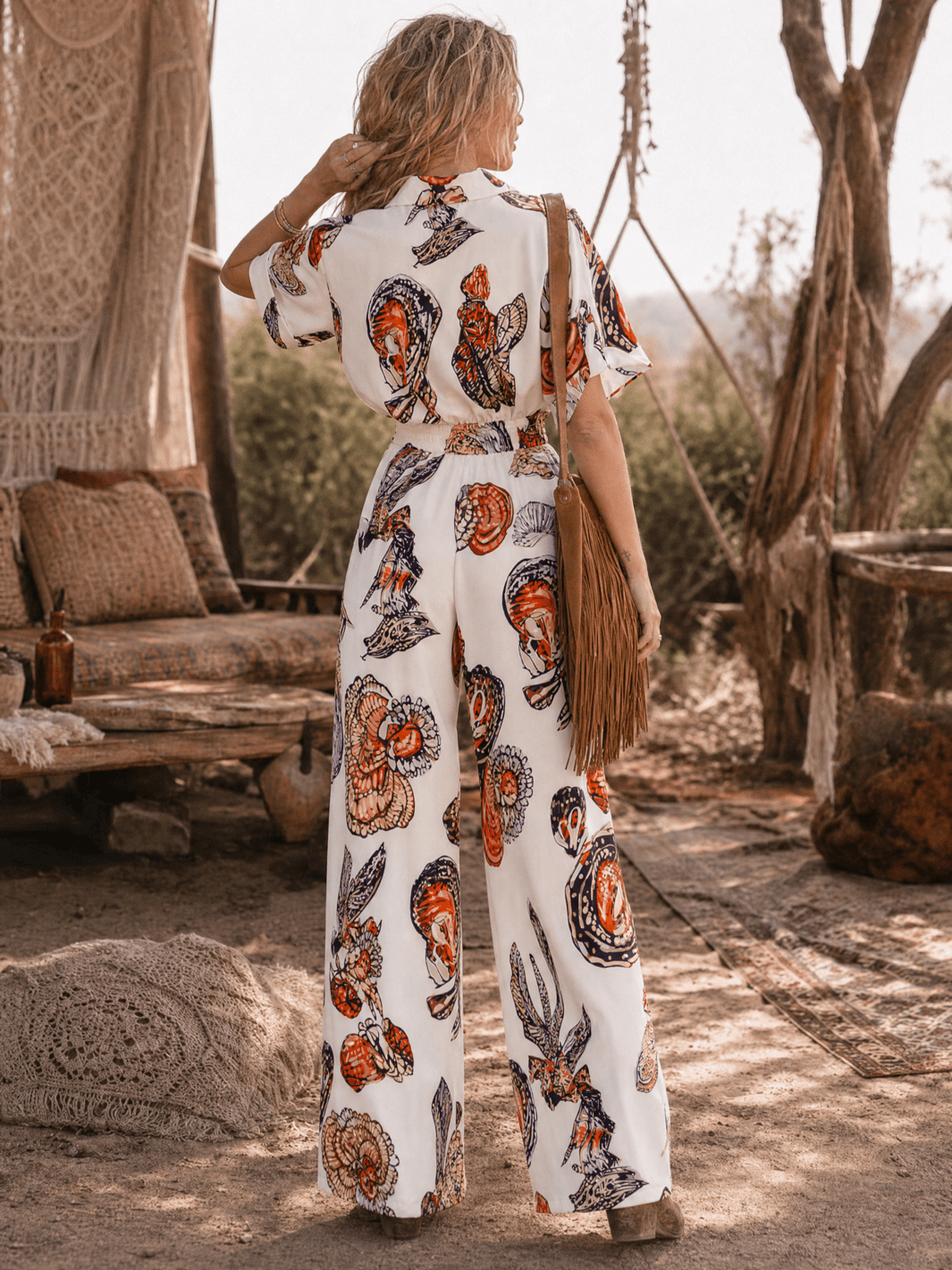 WOMEN'S SHORT SLEEVE BUTTON UP ELASTIC WAIST POCKETS WIDE LEG MULTI PRINT JUMPSUIT