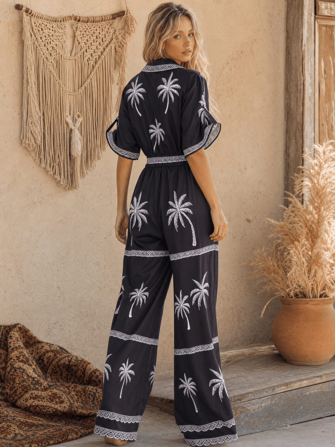 WOMEN'S SHORT SLEEVE BUTTON UP ELASTIC WAIST POCKETS WIDE LEG MULTI PRINT JUMPSUIT