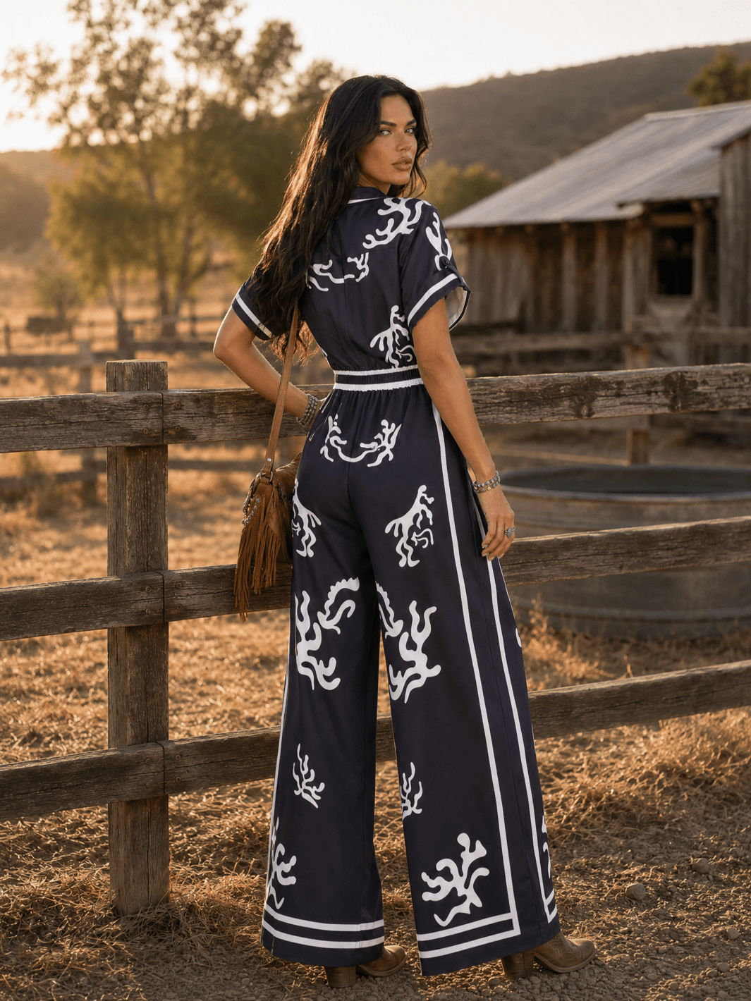 WOMEN'S SHORT SLEEVE BUTTON UP ELASTIC WAIST POCKETS WIDE LEG MULTI PRINT JUMPSUIT