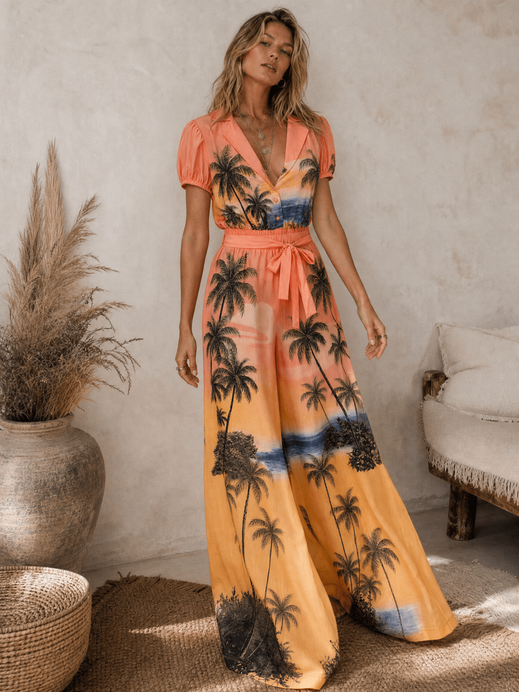 WOMEN'S SHORT SLEEVE BUTTON UP SELF TIE ELASTIC WAIST WIDE LEG MULTI PRINT JUMPSUIT