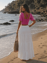 WOMEN'S SHORT PUFF SLEEVE V-NECK SMOCK STITCHED DETAILED BLOUSE
