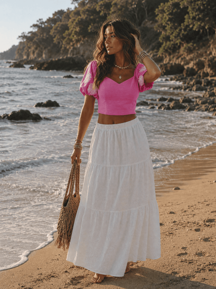 WOMEN'S SHORT PUFF SLEEVE V-NECK SMOCK STITCHED DETAILED BLOUSE