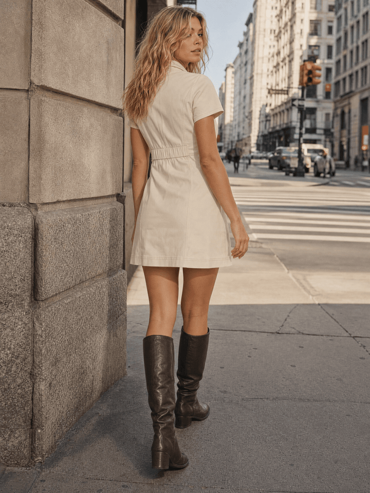WOMEN'S SHORT SLEEVE BUTTON UP FRONT POCKETS BODYCON MINI DRESS