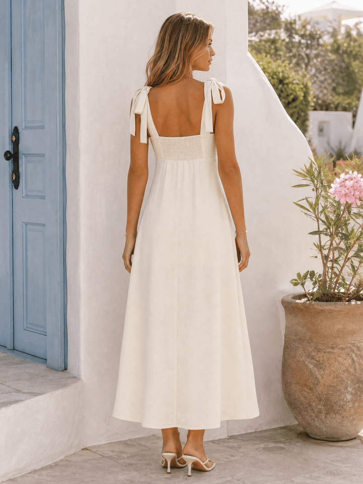 WOMEN'S SLEEVELESS V-NECK SMOCK EMBROIDERY FLORAL MAXI DRESS