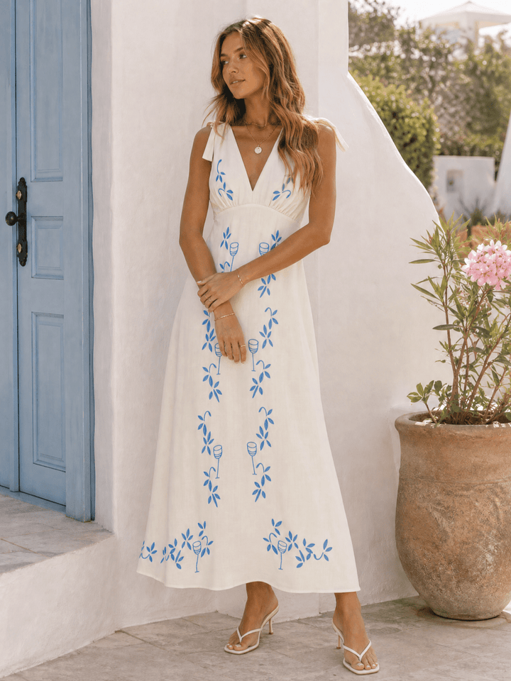 WOMEN'S SLEEVELESS V-NECK SMOCK EMBROIDERY FLORAL MAXI DRESS