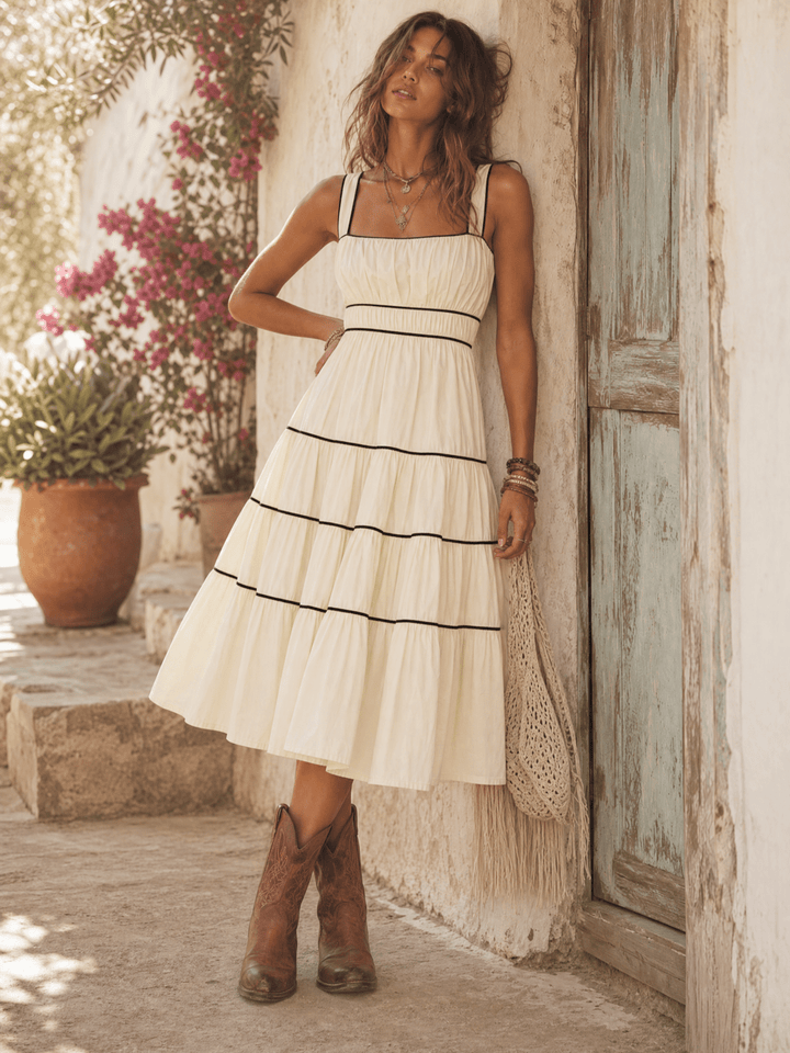 WOMEN'S SLEEVELESS FRONT POCKETS SMOCK TIERED MAXI DRESS