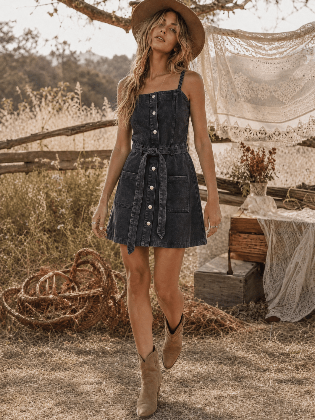 WOMEN'S SLEEVELESS BUTTON UP SELF TIE POCKETS DENIM WASHED MINI DRESS