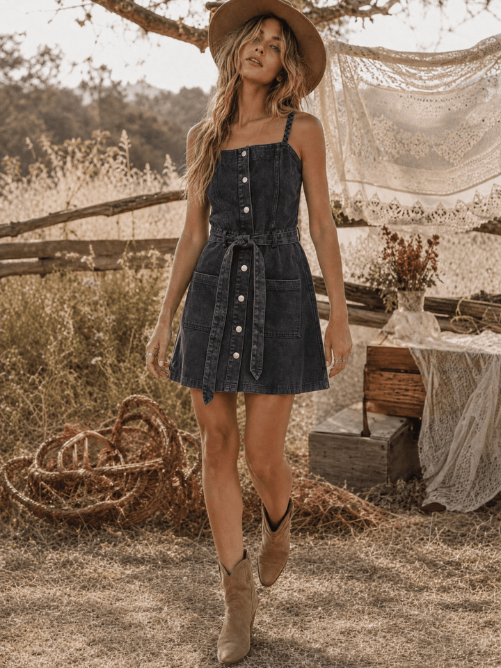 WOMEN'S SLEEVELESS BUTTON UP SELF TIE POCKETS DENIM WASHED MINI DRESS