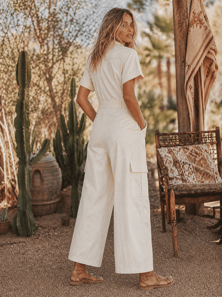 WOMEN'S SHORT SLEEVE BUTTON UP POCKETS WIDE LEG STRETCH DENIM JUMPSUIT