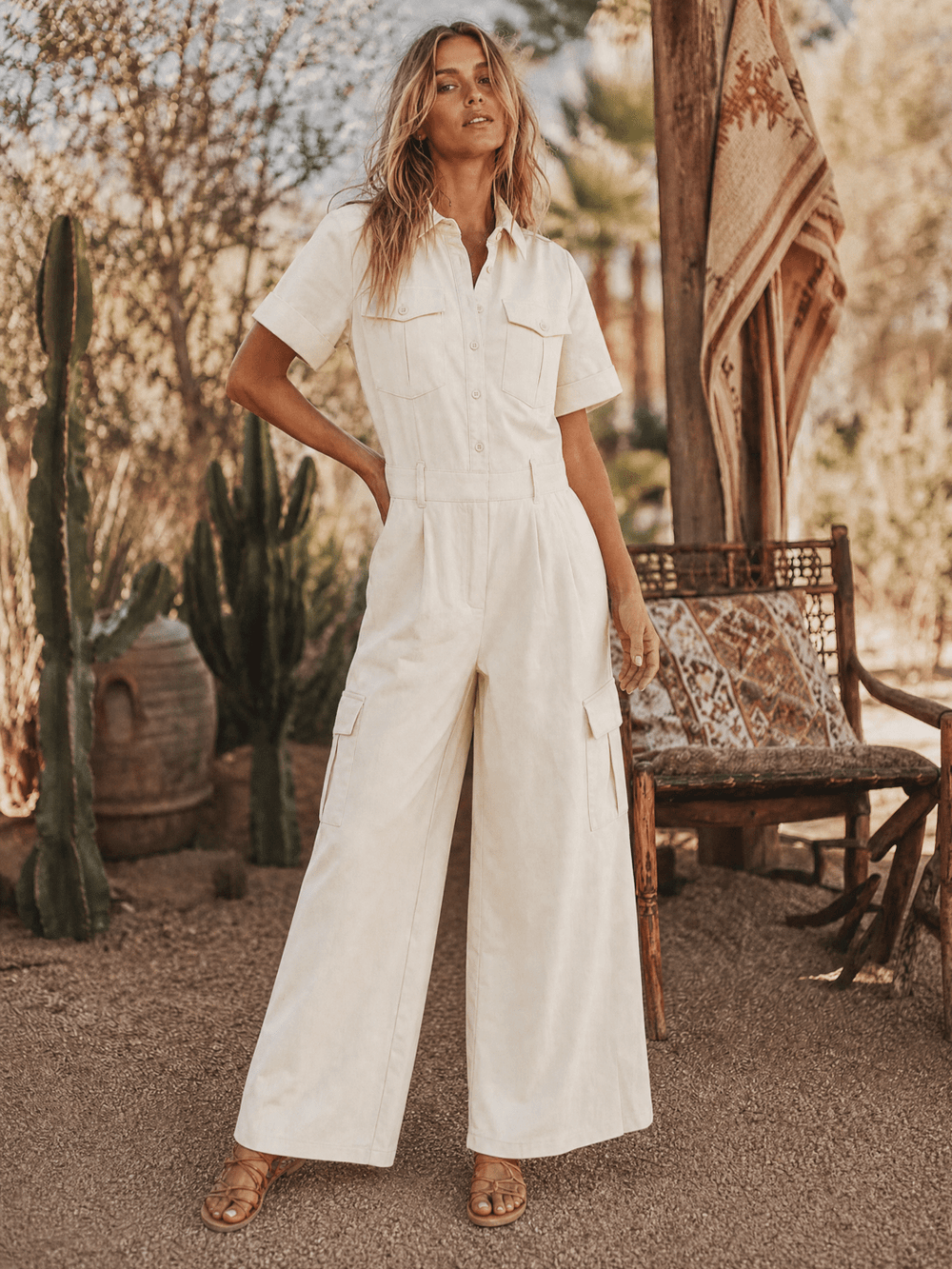 WOMEN'S SHORT SLEEVE BUTTON UP POCKETS WIDE LEG STRETCH DENIM JUMPSUIT