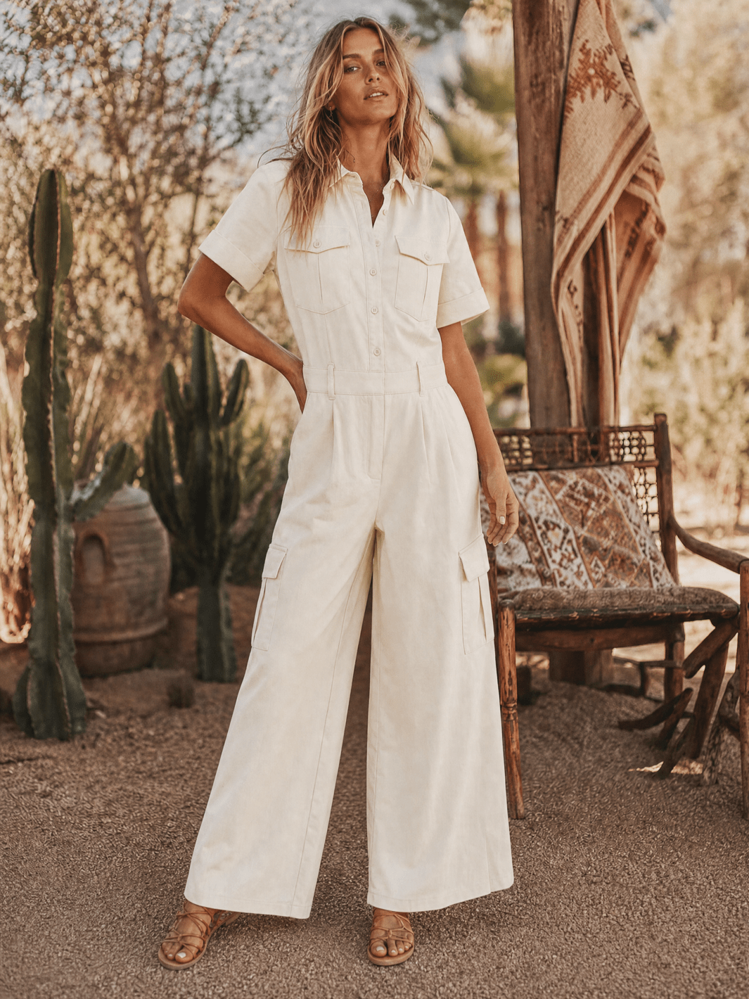 WOMEN'S SHORT SLEEVE BUTTON UP POCKETS WIDE LEG STRETCH DENIM JUMPSUIT