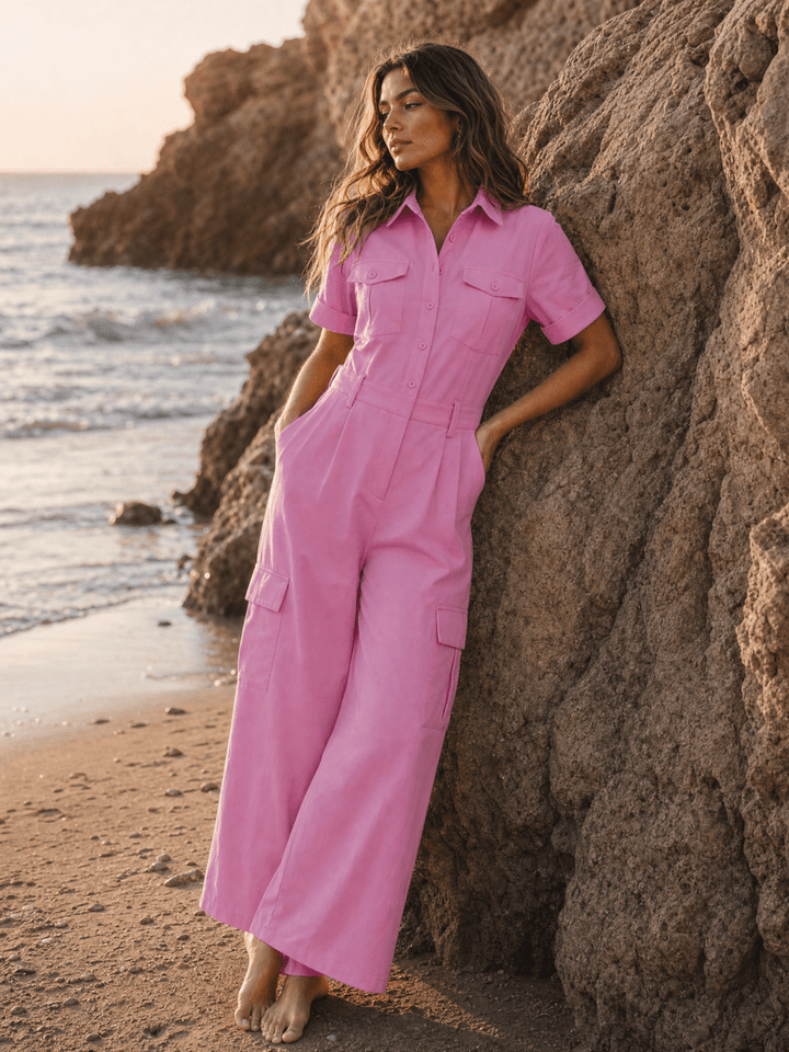 WOMEN'S SHORT SLEEVE BUTTON UP POCKETS WIDE LEG STRETCH DENIM JUMPSUIT