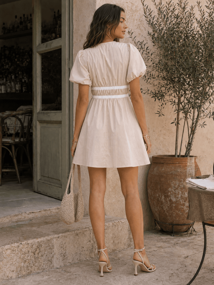 WOMEN'S SHORT PUFF SLEEVE V-NECK ELASTIC WAIST FRONT POCKETS MINI DRESS