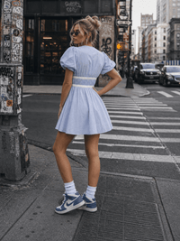 WOMEN'S SHORT PUFF SLEEVE V-NECK ELASTIC WAIST FRONT POCKETS MINI DRESS