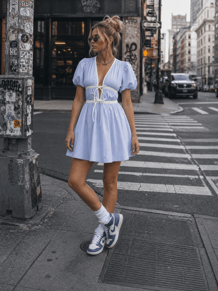 WOMEN'S SHORT PUFF SLEEVE V-NECK ELASTIC WAIST FRONT POCKETS MINI DRESS
