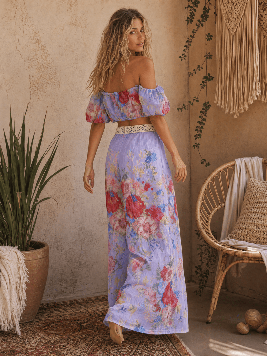 WOMEN'S OFF SHOULDER CROP TOP & ZIP UP BELTED WIDE LEG PANTS FLORAL 2PC. SET