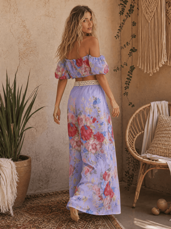 WOMEN'S OFF SHOULDER CROP TOP & ZIP UP BELTED WIDE LEG PANTS FLORAL 2PC. SET