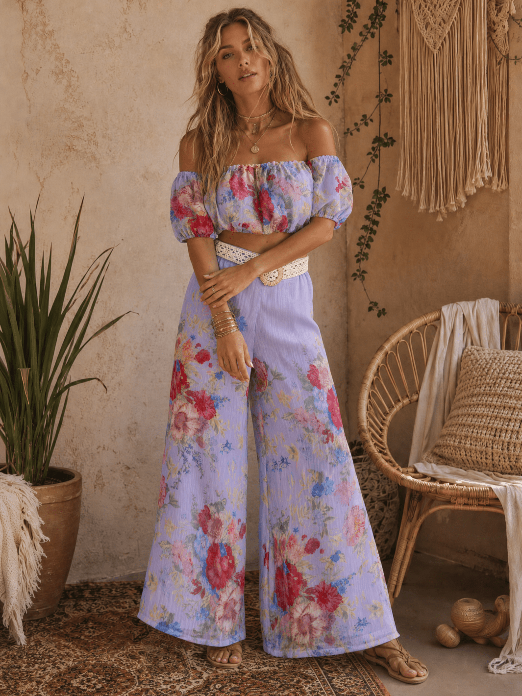 WOMEN'S OFF SHOULDER CROP TOP & ZIP UP BELTED WIDE LEG PANTS FLORAL 2PC. SET