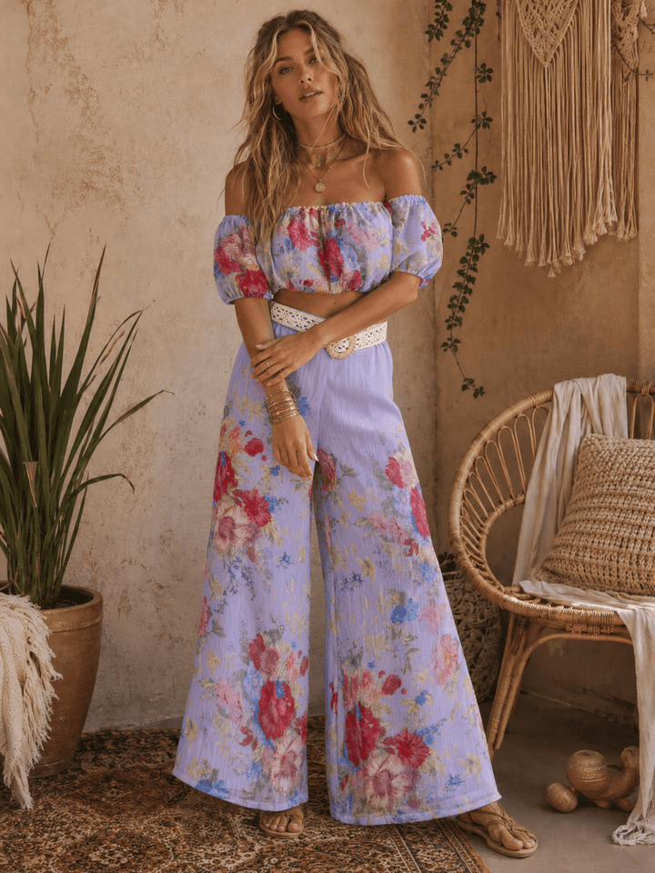 WOMEN'S OFF SHOULDER CROP TOP & ZIP UP BELTED WIDE LEG PANTS FLORAL 2PC. SET