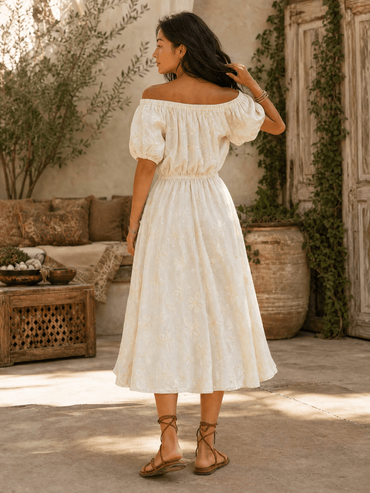 WOMEN'S SHORT SLEEVE OFF SHOULDER FRONT POCKETS STITCHED DEATILED MAXI DRESS