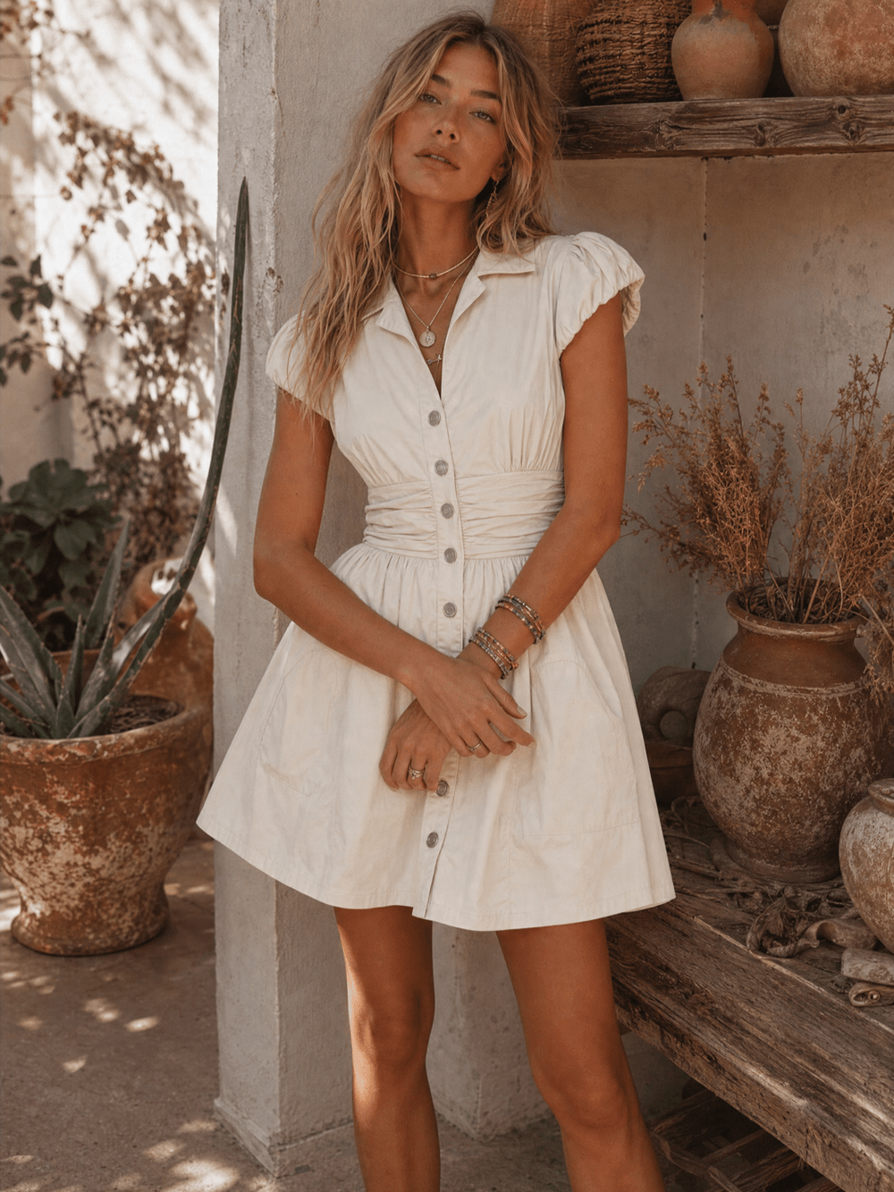WOMEN'S SHORT SLEEVE BUTTON UP FRONT POCKETS MINI DRESS