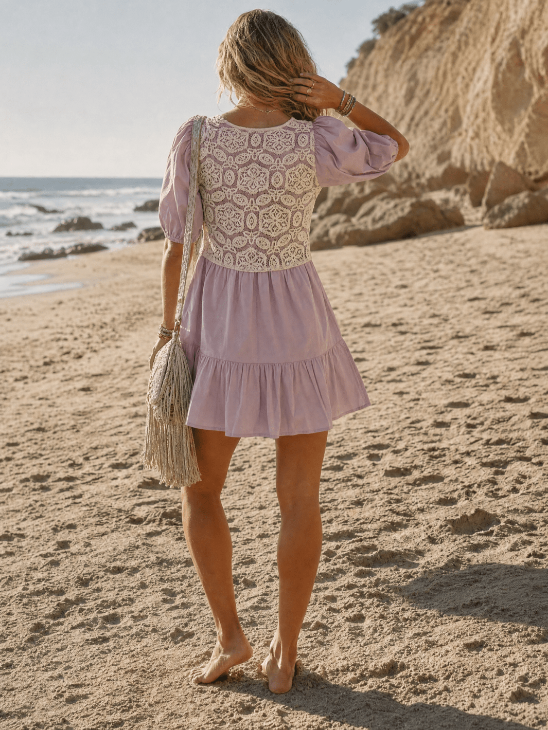 WOMEN'S SHORT PUFF SLEEVE POCKETS CROCHET FIT & FLARE MINI DRESS MAUVE / 2S-2M-2L