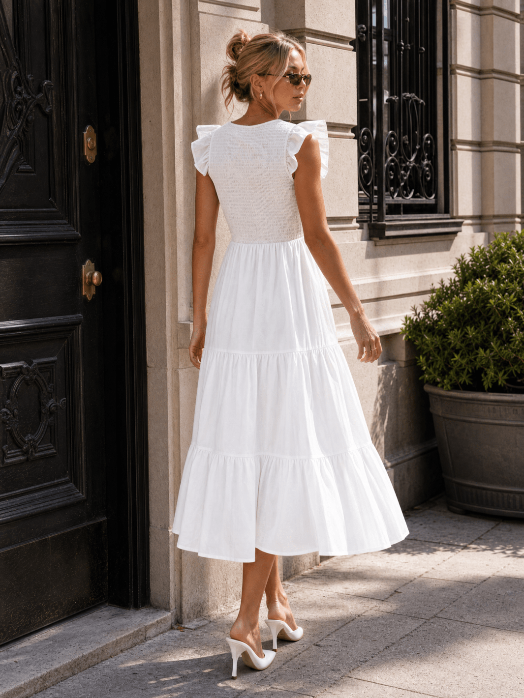 WOMEN'S RUFFLE SLEEVE V-NECK FRONT POCKETS SMOCK TIERED MAXI DRESS