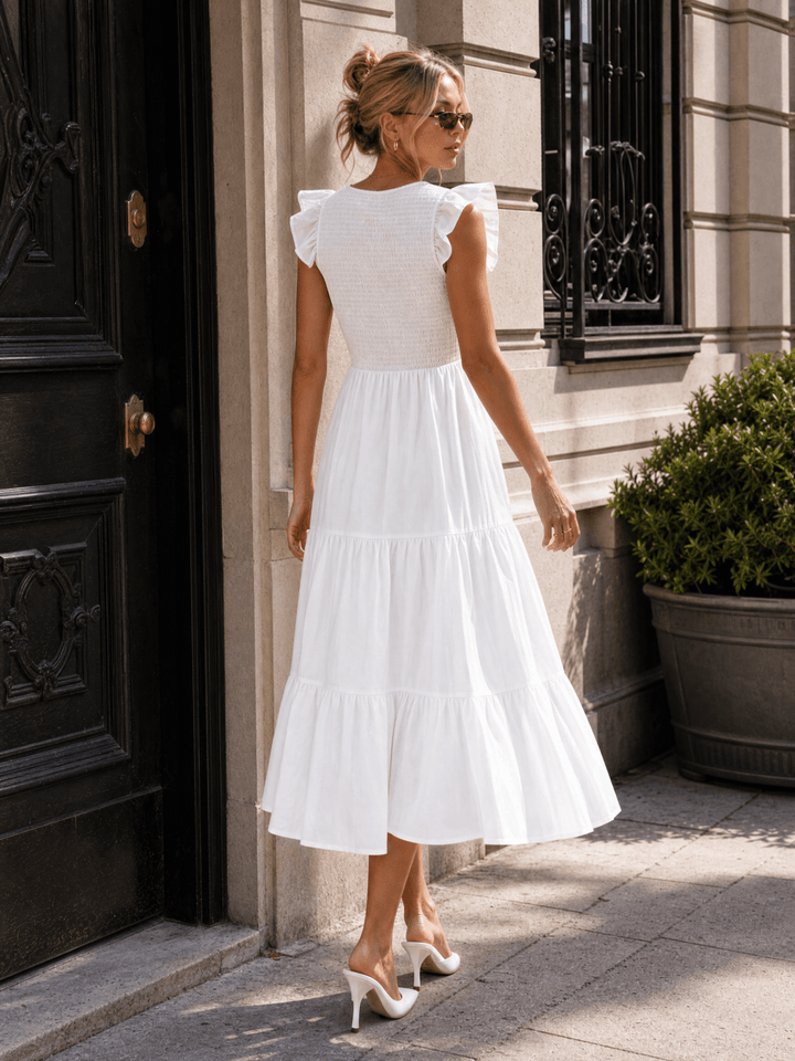 WOMEN'S RUFFLE SLEEVE V-NECK FRONT POCKETS SMOCK TIERED MAXI DRESS
