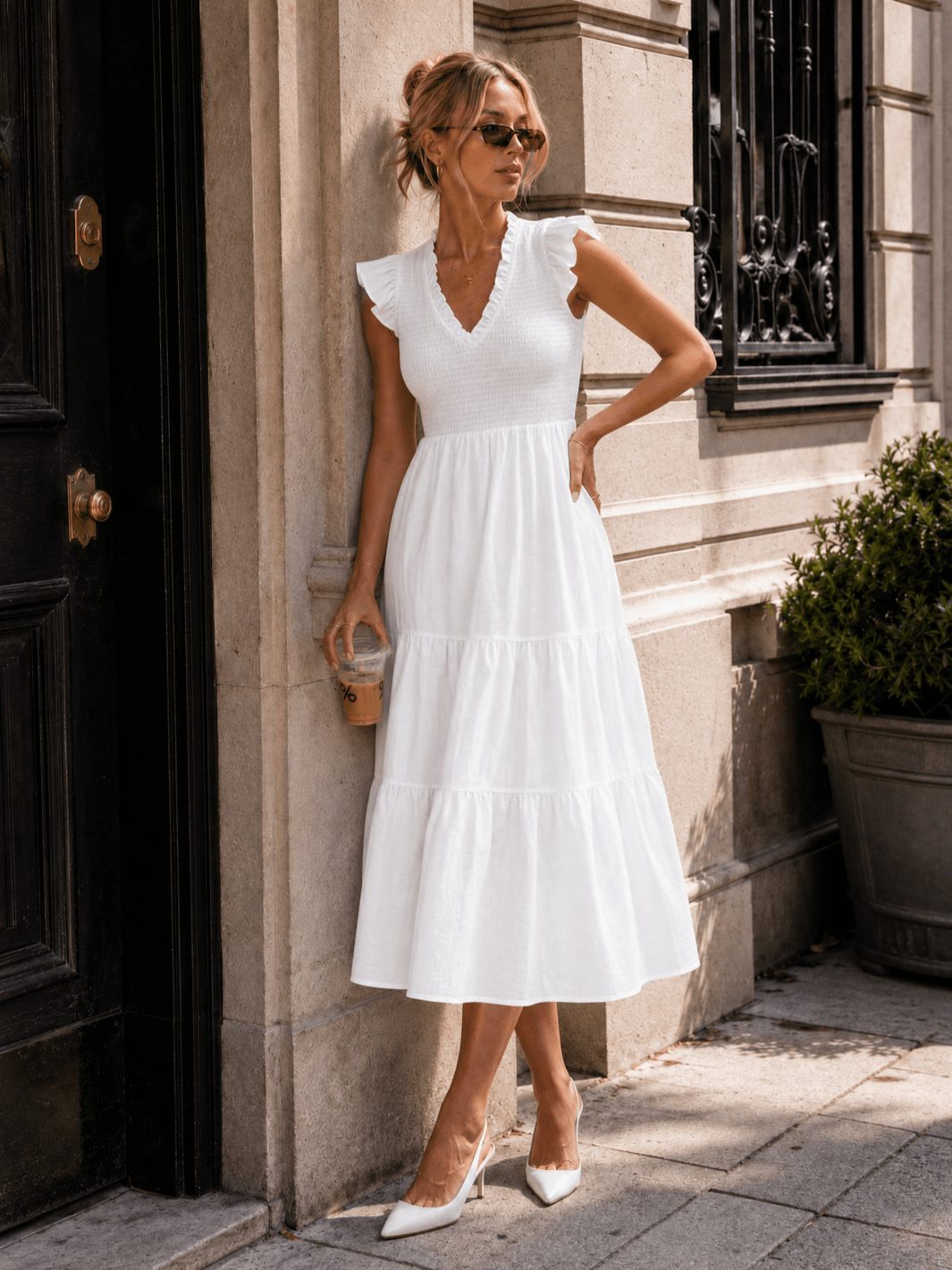WOMEN'S RUFFLE SLEEVE V-NECK FRONT POCKETS SMOCK TIERED MAXI DRESS