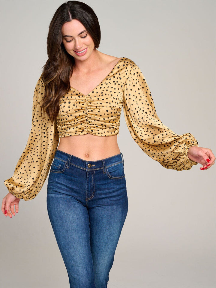 WOMEN'S LONG BALLON SLEEVES V-NECK RUCHED SMOCK ANIMAL PRINT CROP TOP