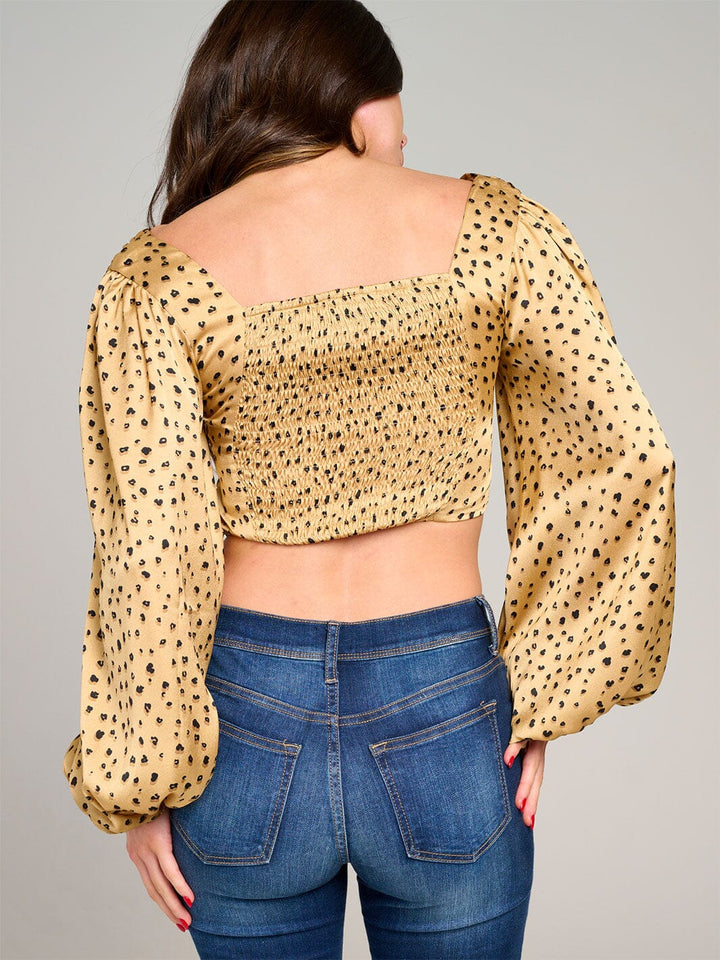 WOMEN'S LONG BALLON SLEEVES V-NECK RUCHED SMOCK ANIMAL PRINT CROP TOP