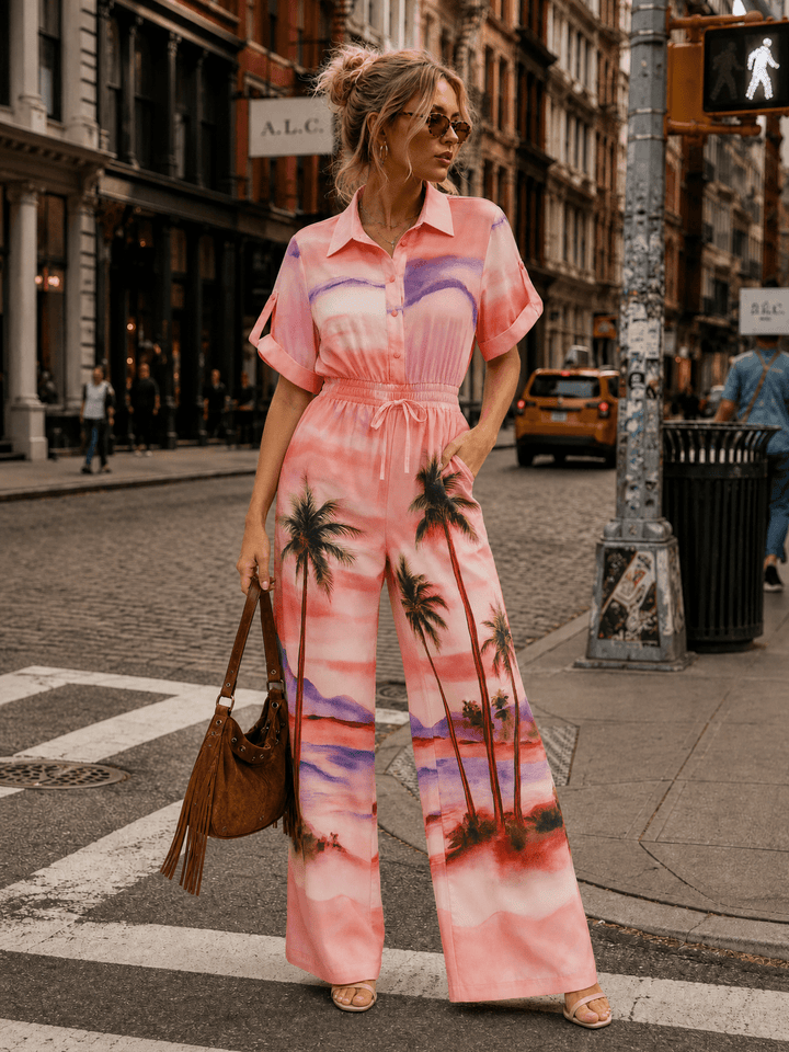 WOMEN'S SHORT SLEEVE BUTTON UP POCKETS ELASTIC WAIST WIDE LEG MULTI PRINT JUMPSUIT