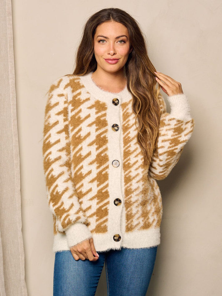 WOMEN'S LONG SLEEVE FRONT POCKETS BUTTON UP COLORBLOCK SWEATER
