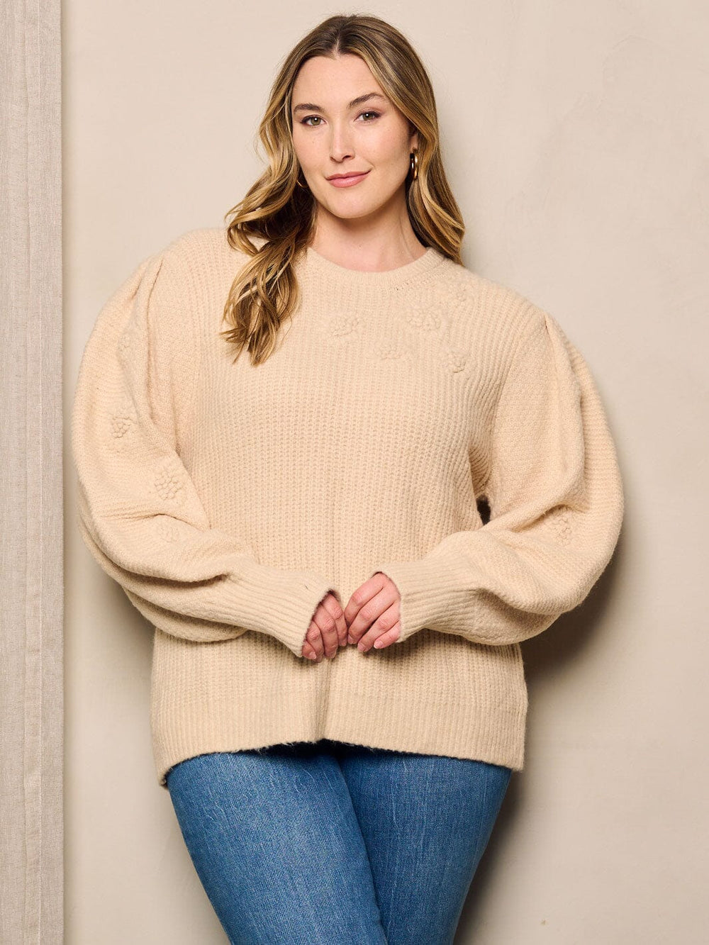 PLUS SIZE LONG BALLON SLEEVE FLORAL DETAILED SWEATER