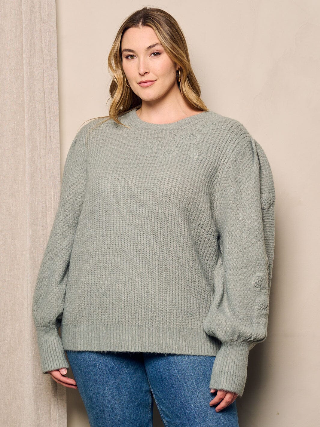 PLUS SIZE LONG BALLON SLEEVE FLORAL DETAILED SWEATER