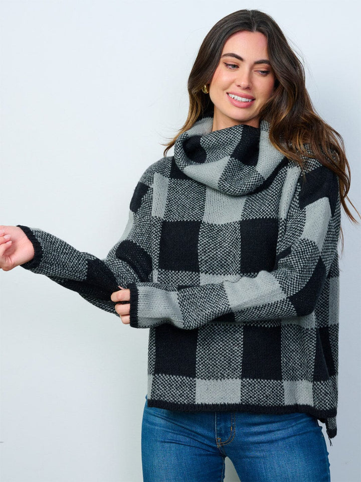 WOMEN'S LONG SLEEVE COLORBLOCK CHECKERS TURTLE NECK PULLOVER SWEATER