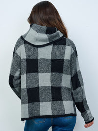 WOMEN'S LONG SLEEVE COLORBLOCK CHECKERS TURTLE NECK PULLOVER SWEATER